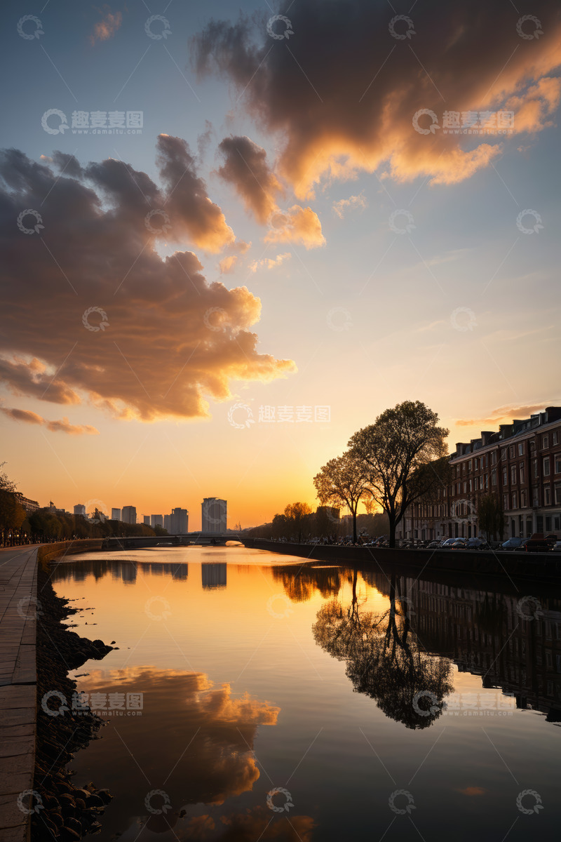 高清大图下载【趣麦麦图】河畔日落城市风景