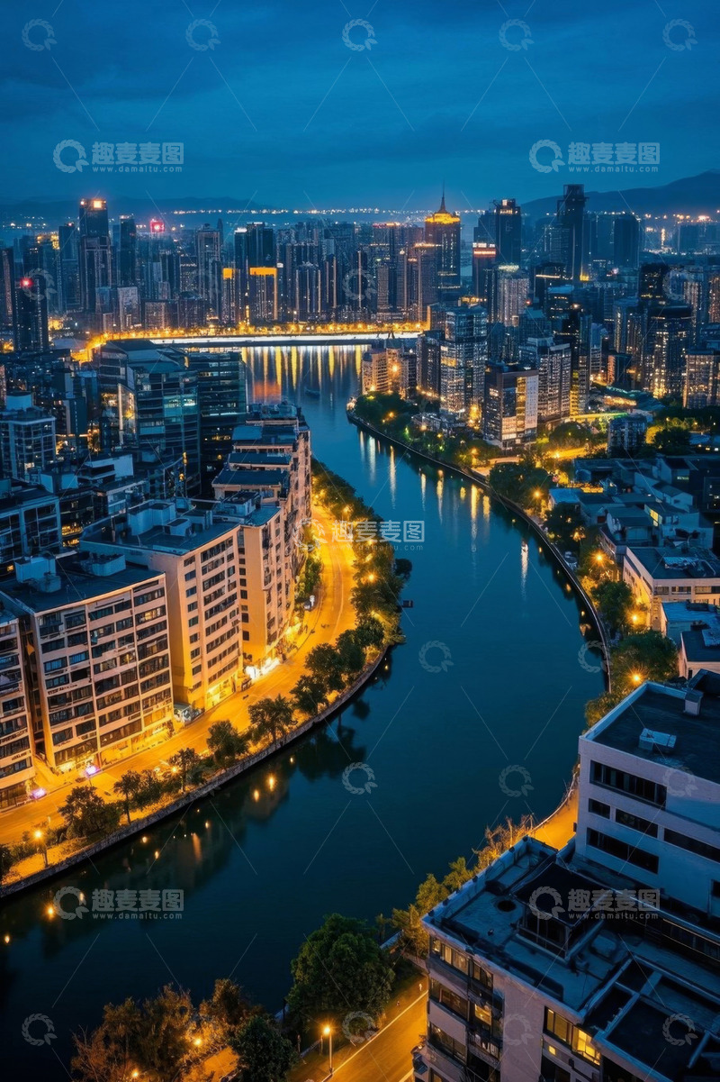 高清大图下载【趣麦麦图】城市河流夜景俯瞰