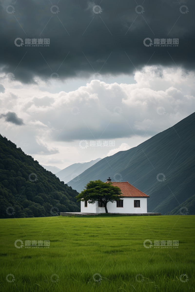 高清大图下载【趣麦麦图】山间草地中的独栋小屋