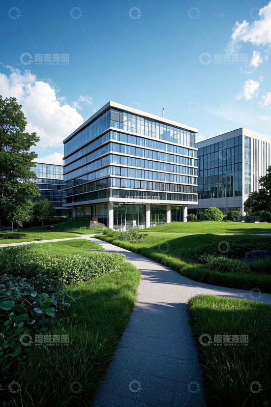 现代办公建筑与周边绿化景观