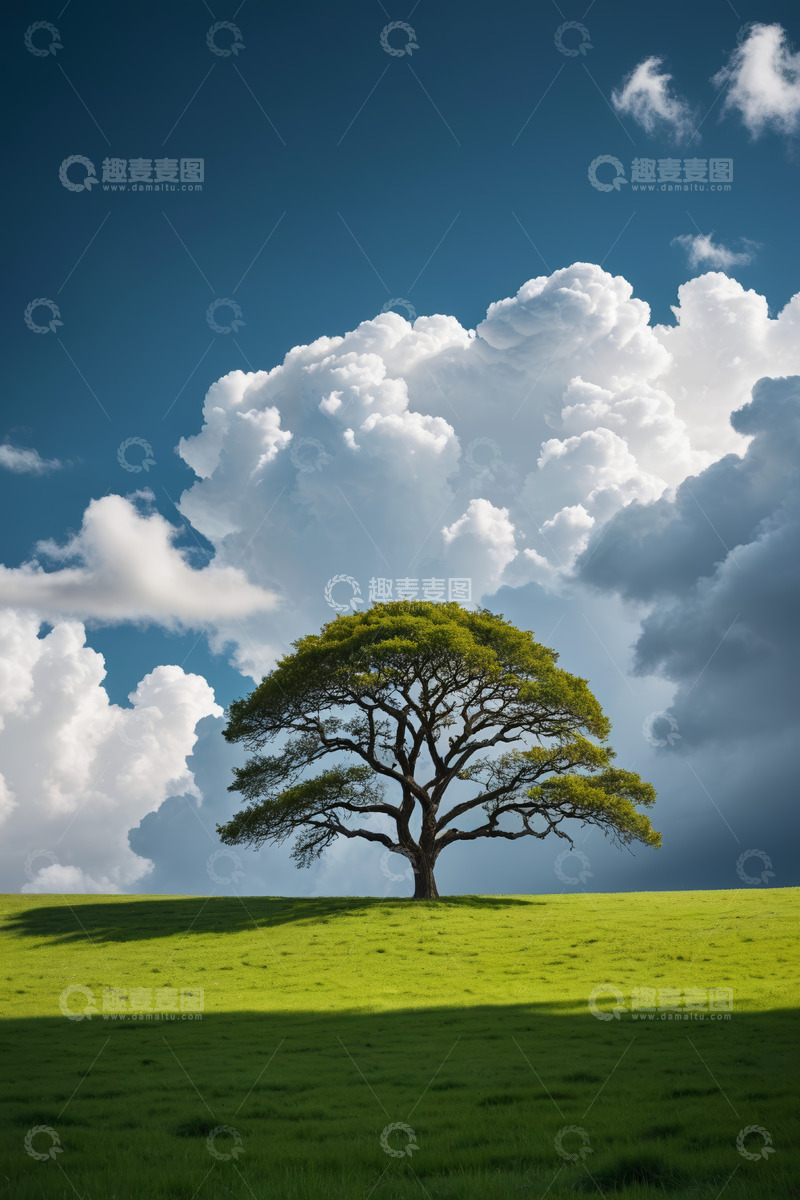 高清大图下载【趣麦麦图】草原上的孤树与蓝天白云
