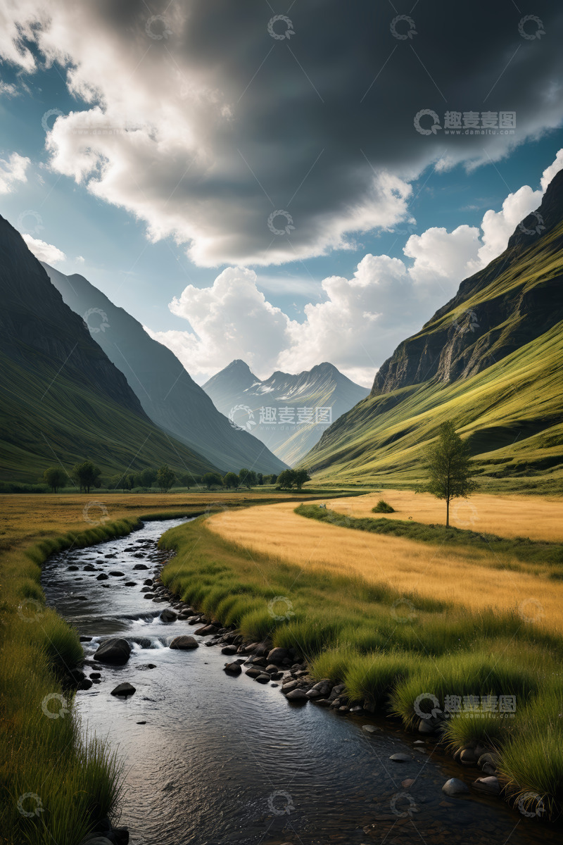高清大图下载【趣麦麦图】山谷间的溪流与草地风景