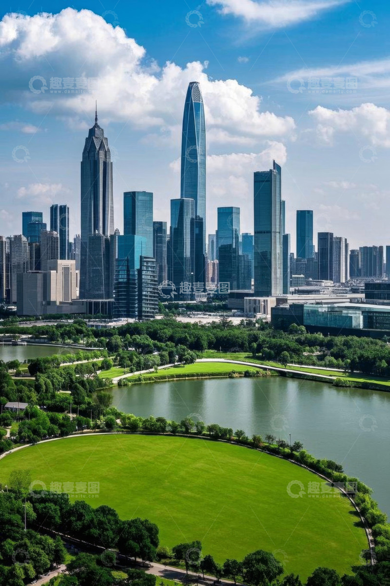 高清大图下载【趣麦麦图】城市高楼与绿地湖泊景观