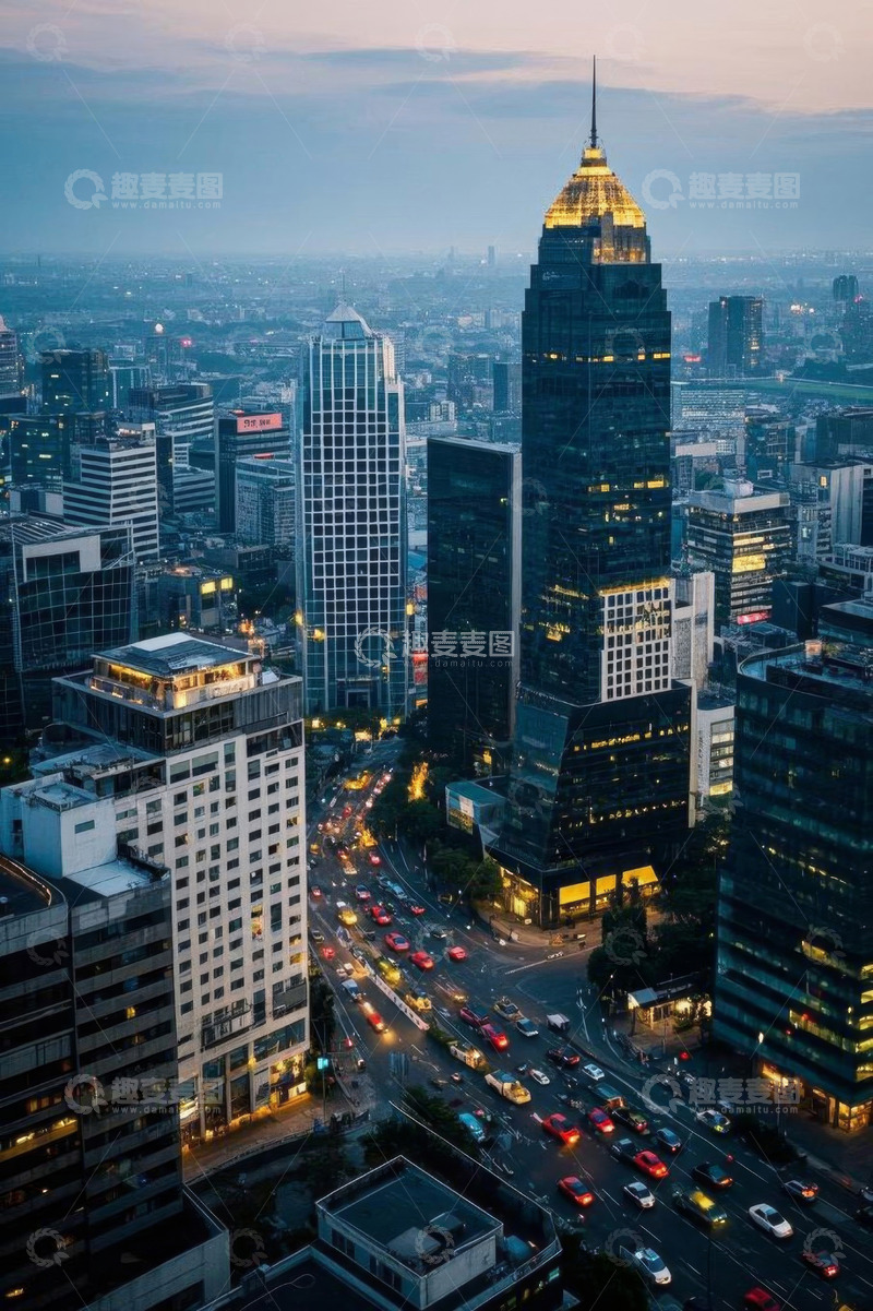 高清大图下载【趣麦麦图】城市高楼与街道繁忙交通景象