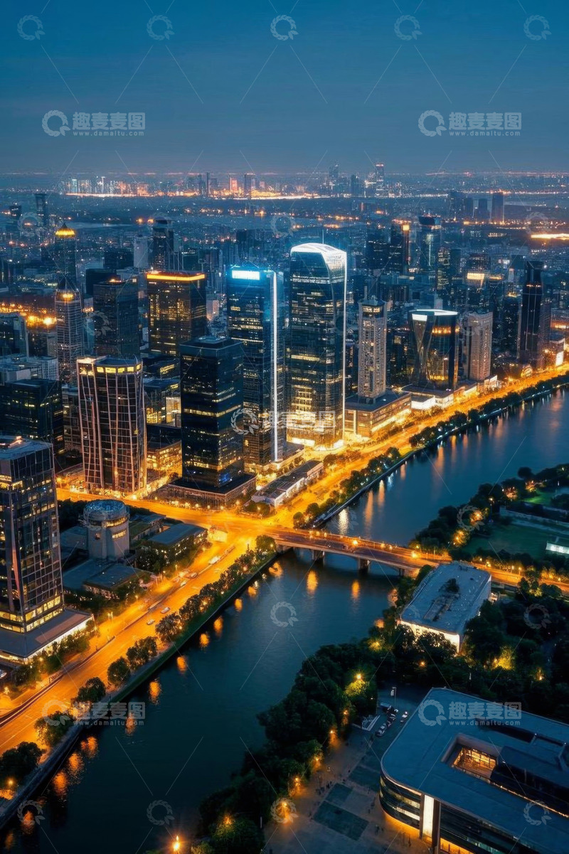 高清大图下载【趣麦麦图】城市夜景高楼与河流全景