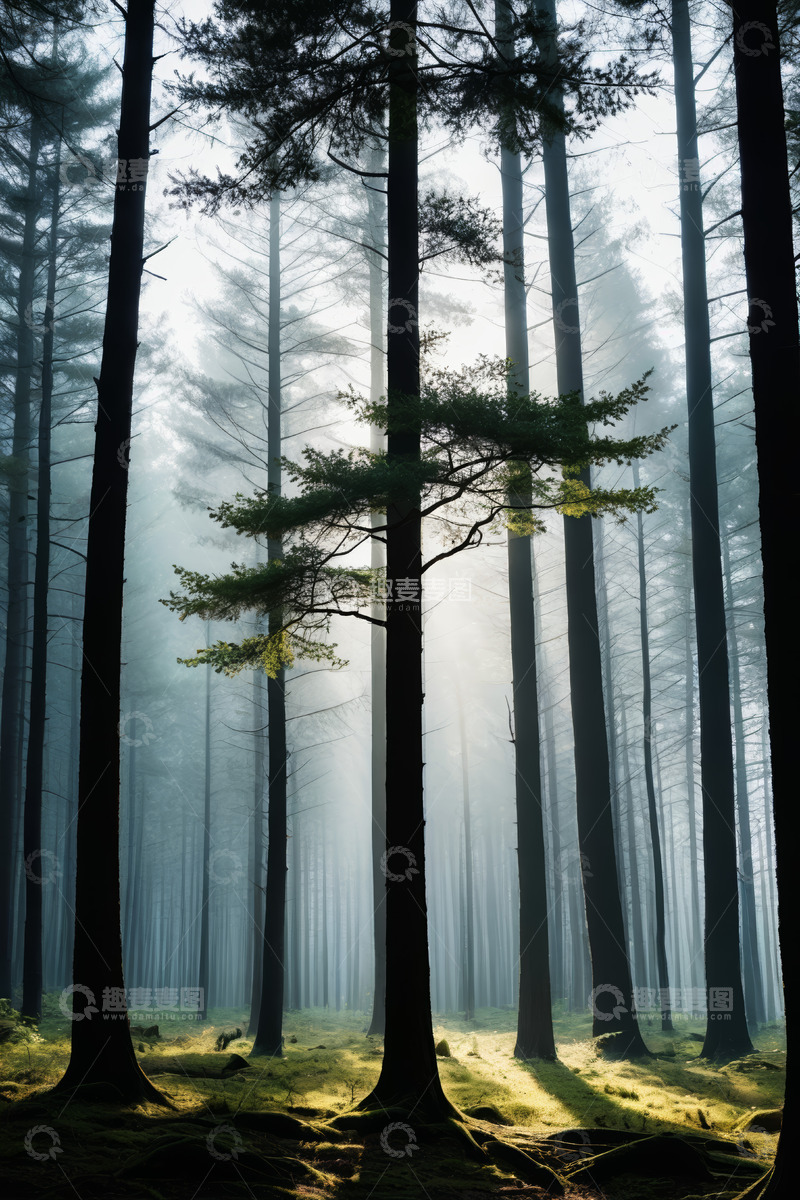 高清大图下载【趣麦麦图】阳光穿透迷雾中的森林景象