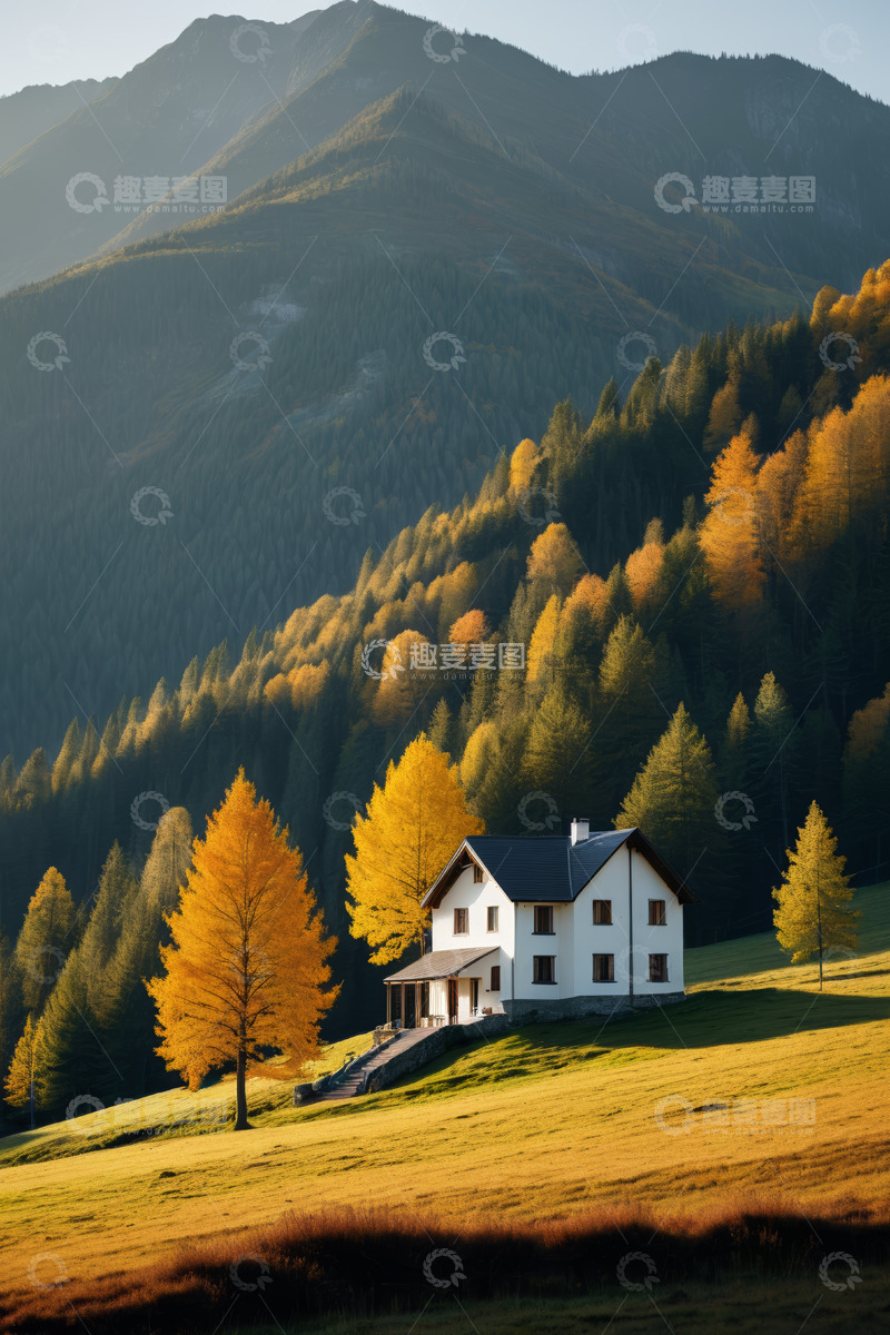 高清大图下载【趣麦麦图】山间秋景中的独栋房屋