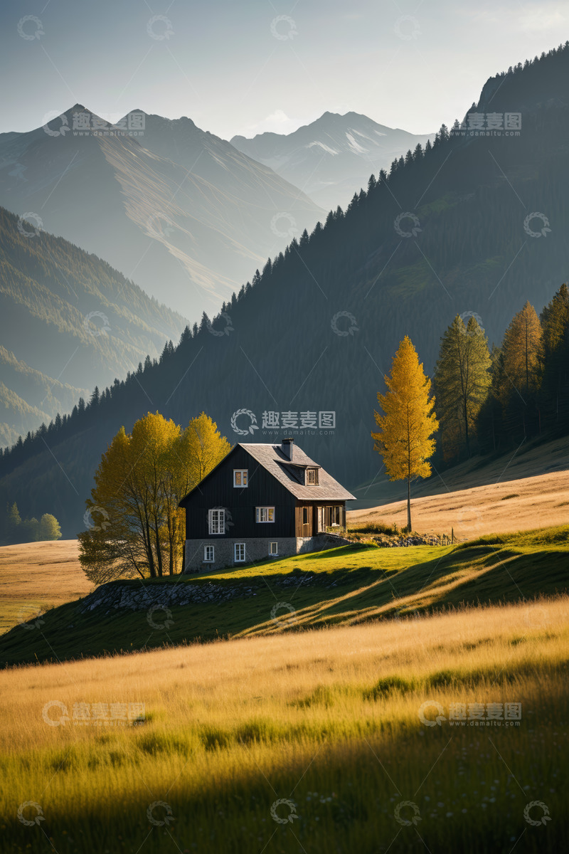 高清大图下载【趣麦麦图】山间草地中的独栋小屋