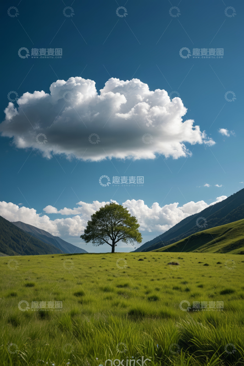 高清大图下载【趣麦麦图】草原上孤树与蓝天白云风景