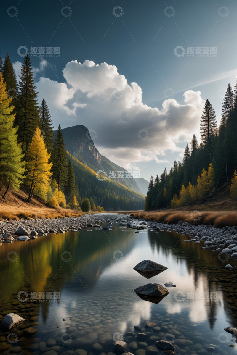 高清大图下载【趣麦麦图】山间森林旁的河流风光
