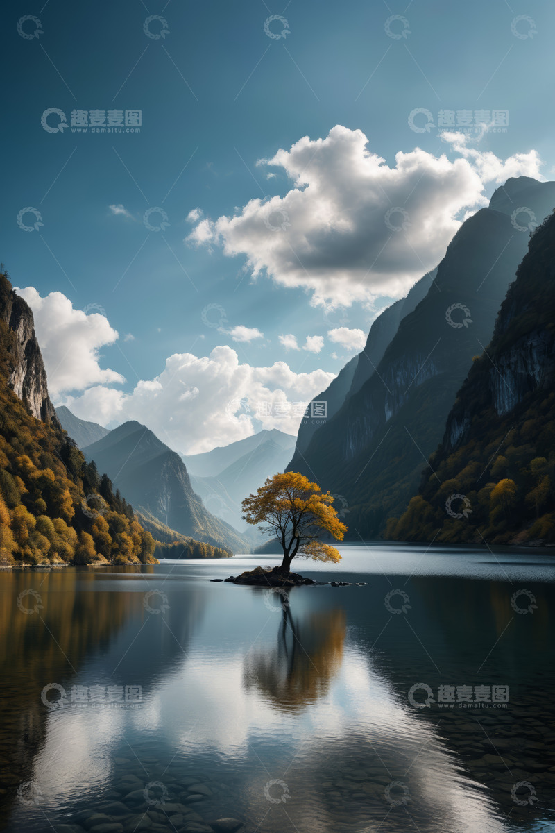 高清大图下载【趣麦麦图】湖中山间孤树自然风光