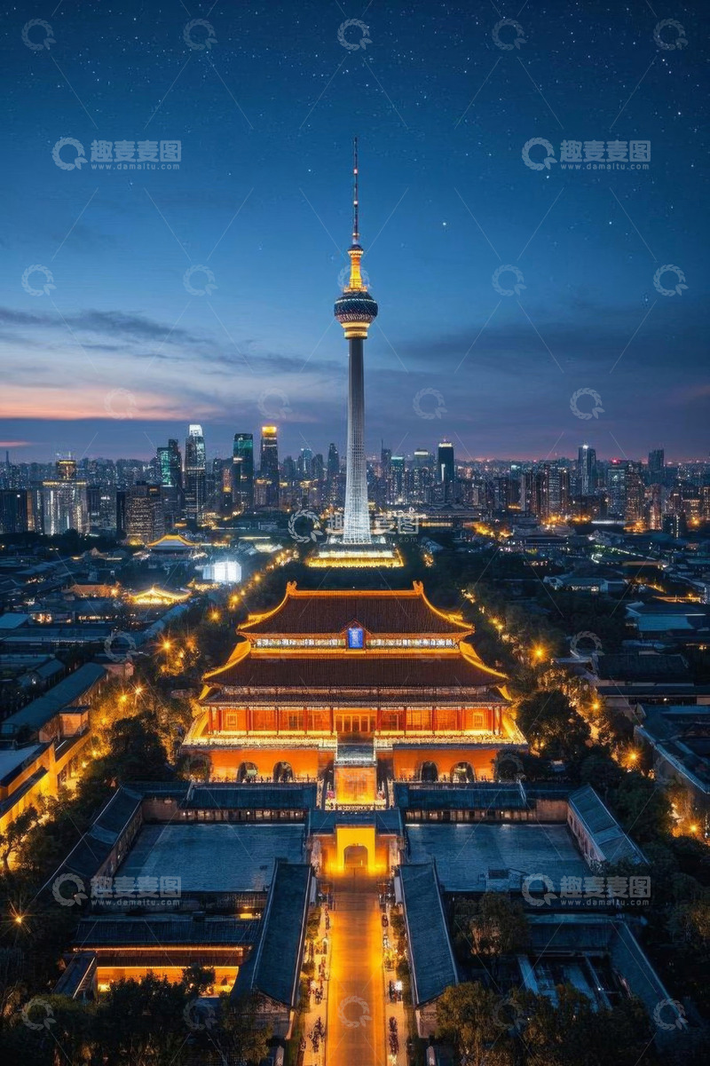 高清大图下载【趣麦麦图】夜景中的古建筑与电视塔