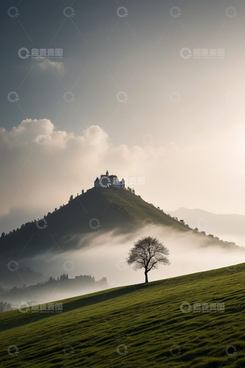 高清大图下载【趣麦麦图】山丘城堡与孤树自然风光