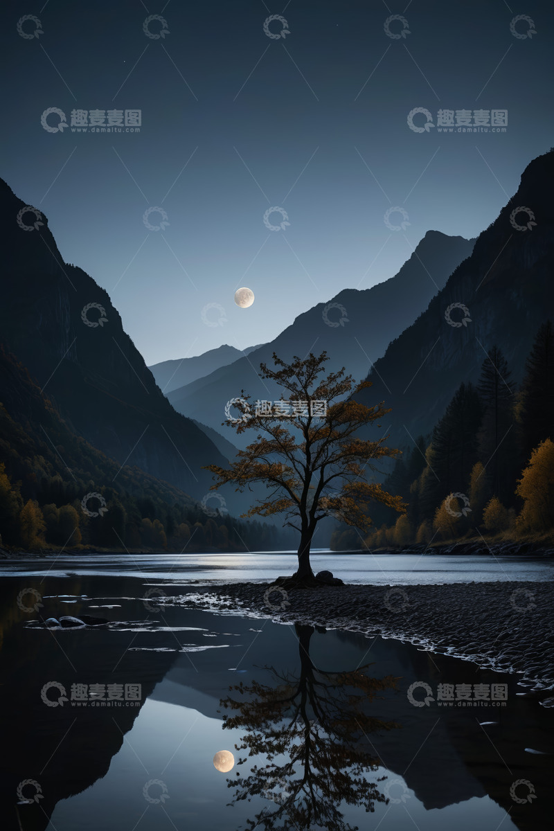高清大图下载【趣麦麦图】月夜下的山水与孤树景观