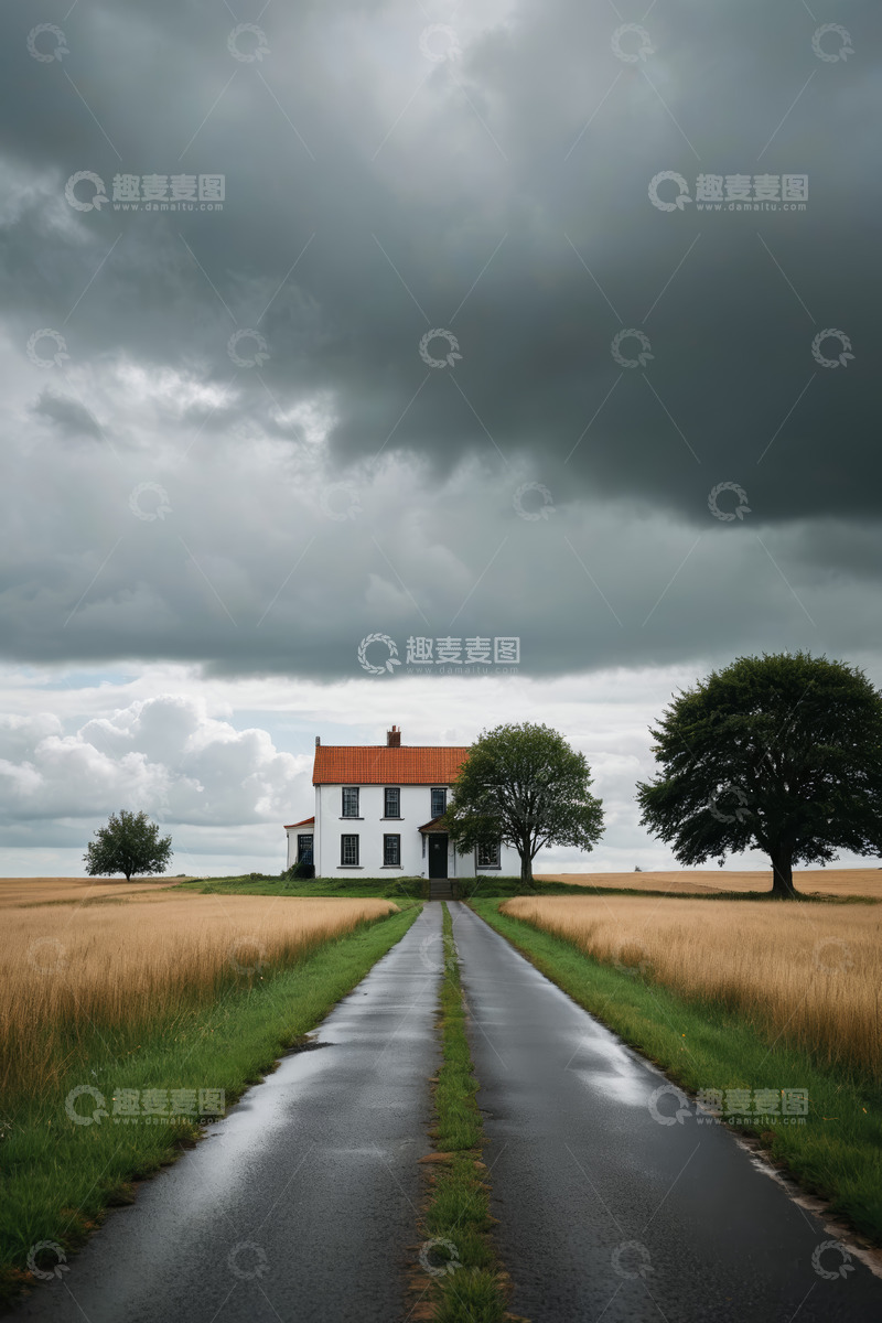 高清大图下载【趣麦麦图】田野中带红顶房屋的乡村风景