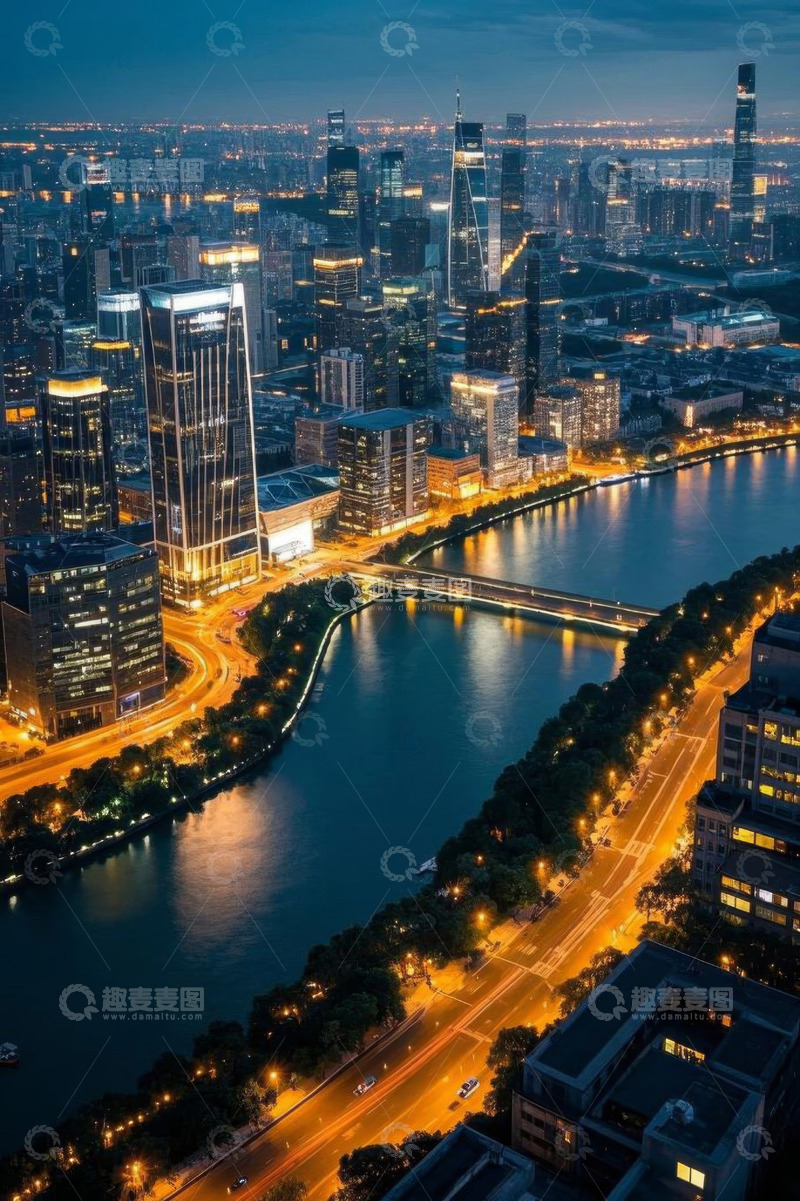 高清大图下载【趣麦麦图】城市夜景河畔高楼俯瞰