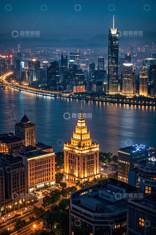 城市江畔夜景俯瞰
