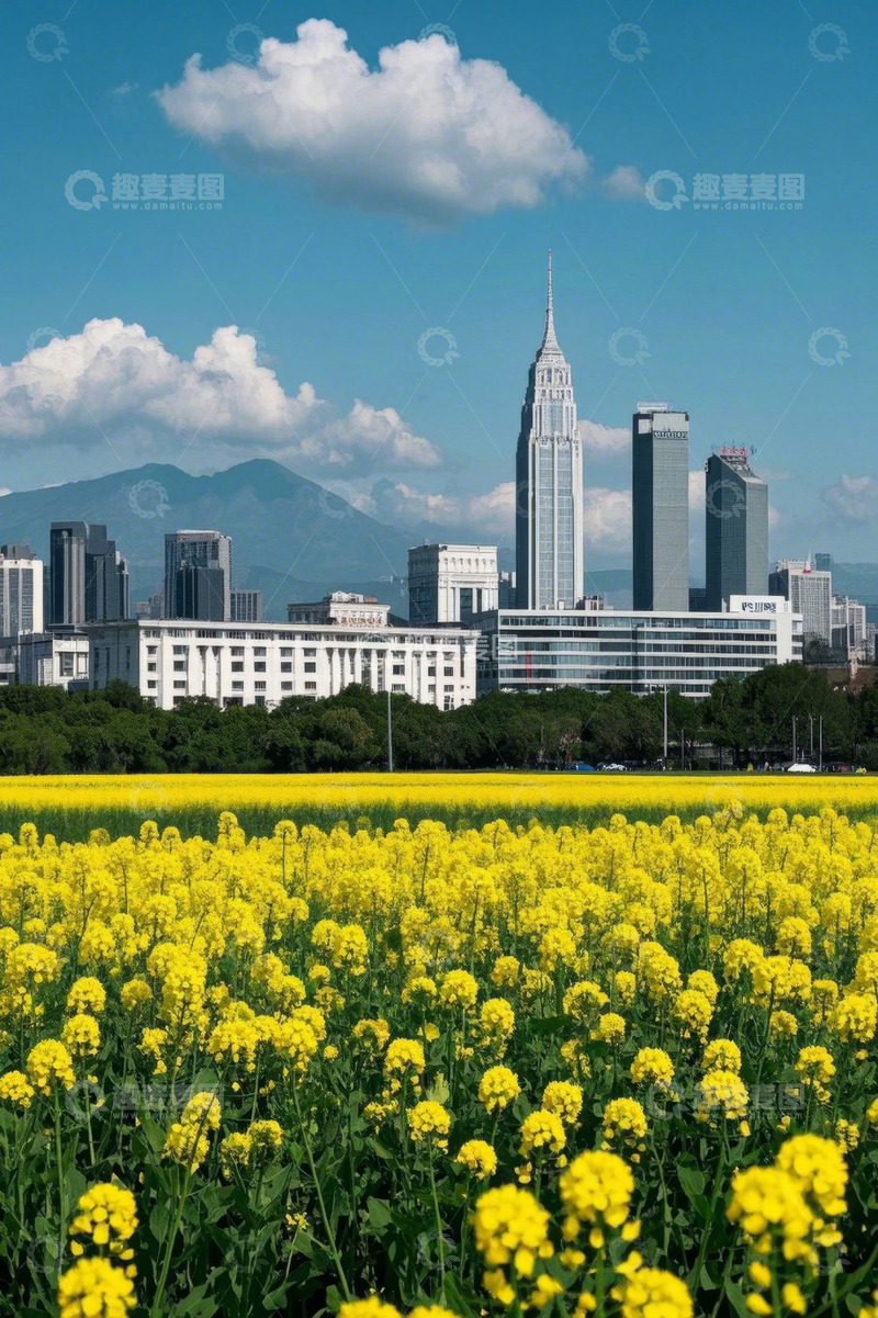 高清大图下载【趣麦麦图】城市旁盛开的黄色油菜花田