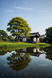 湖畔中式建筑与树木风景