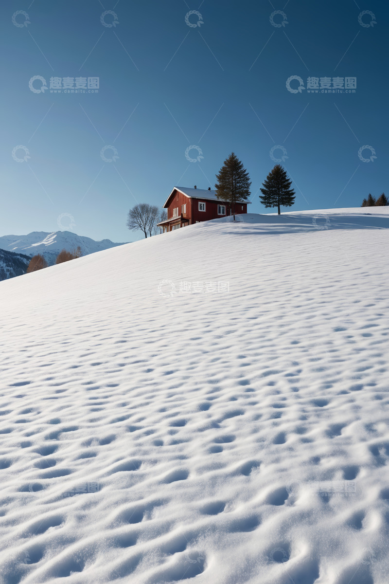 高清大图下载【趣麦麦图】雪地上的红色小屋与远山