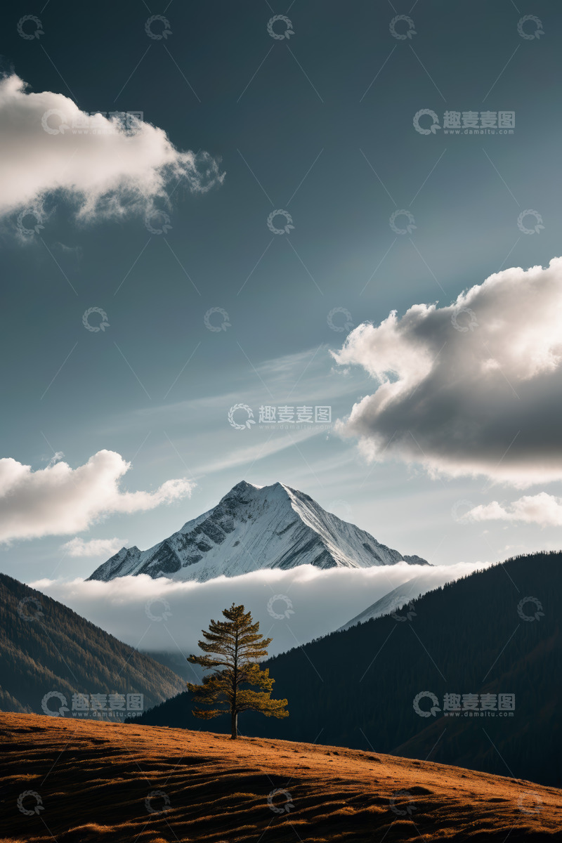 高清大图下载【趣麦麦图】雪山下的孤树自然风光
