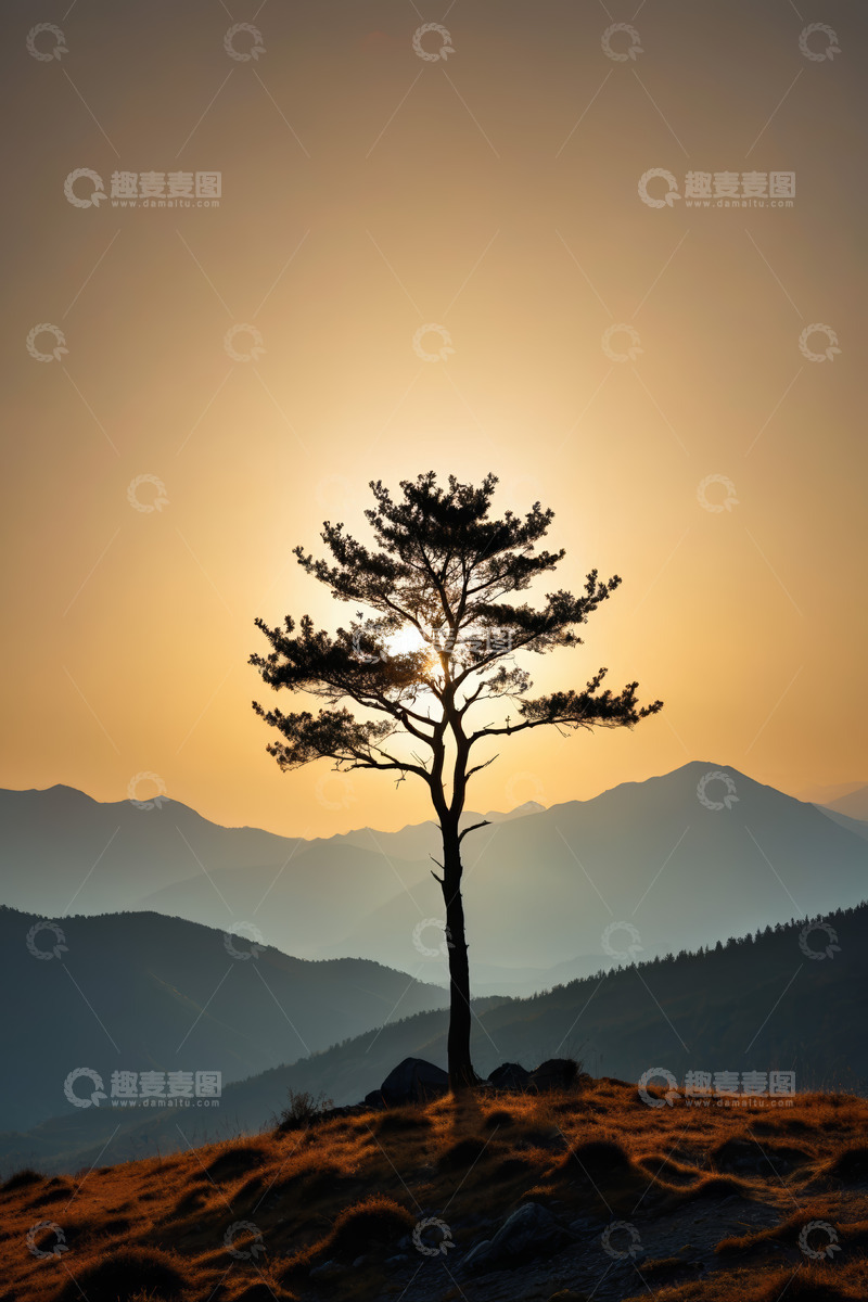 高清大图下载【趣麦麦图】山间孤树与日落风景