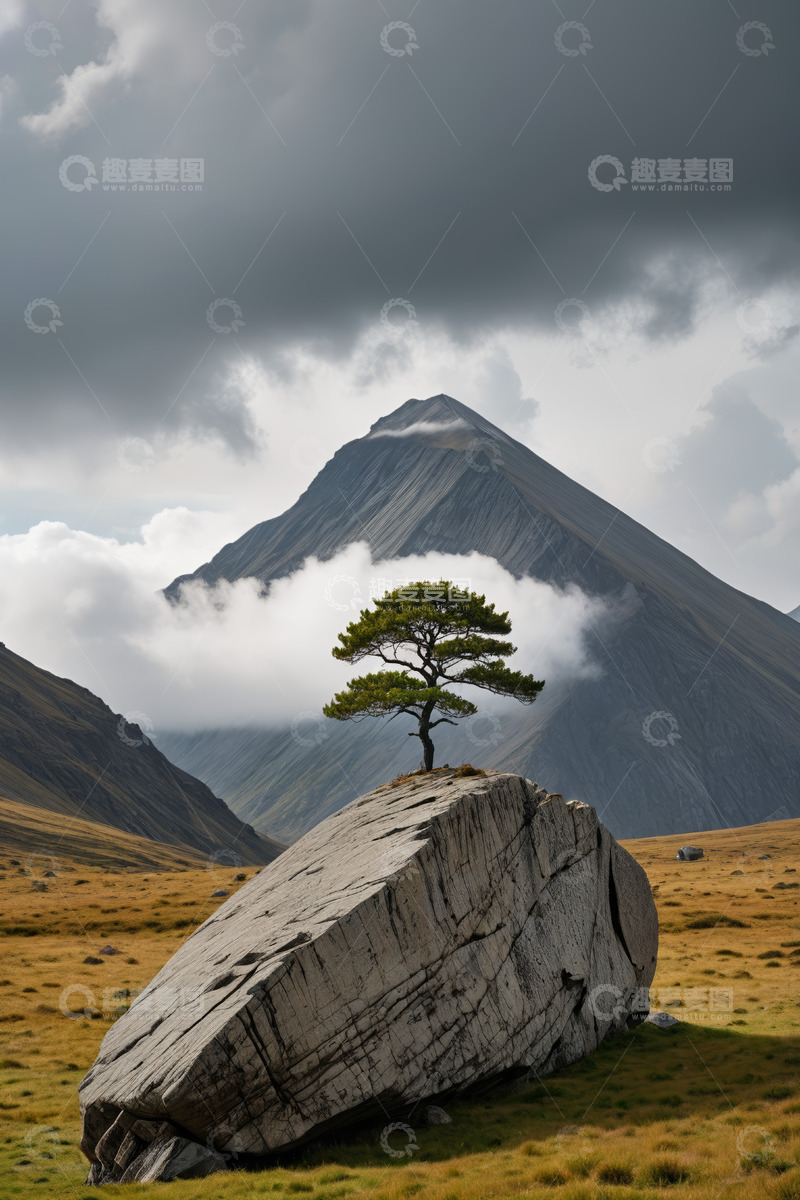 高清大图下载【趣麦麦图】孤树巨石与远山自然景观
