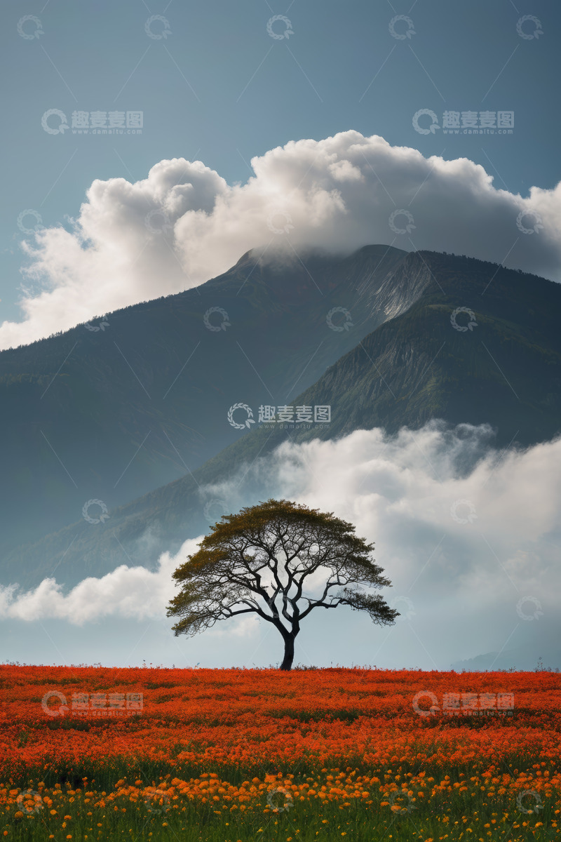 高清大图下载【趣麦麦图】山间花海中的孤独树木