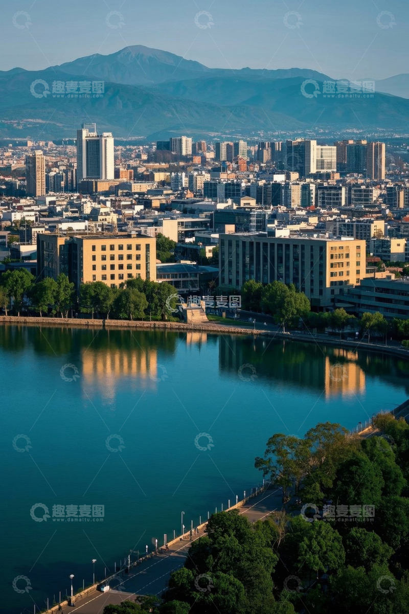 高清大图下载【趣麦麦图】城市湖畔全景风光