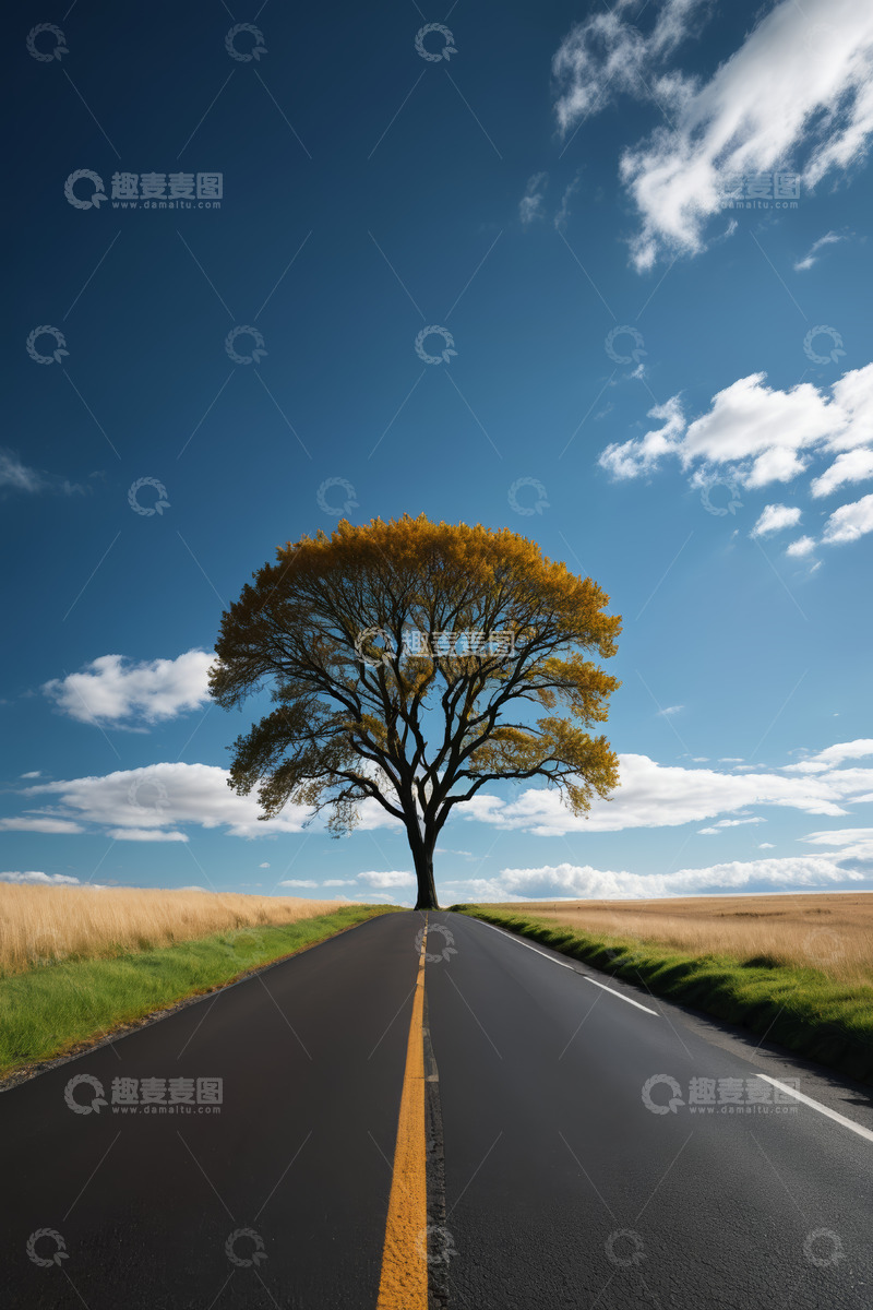 高清大图下载【趣麦麦图】公路尽头的独树与蓝天白云