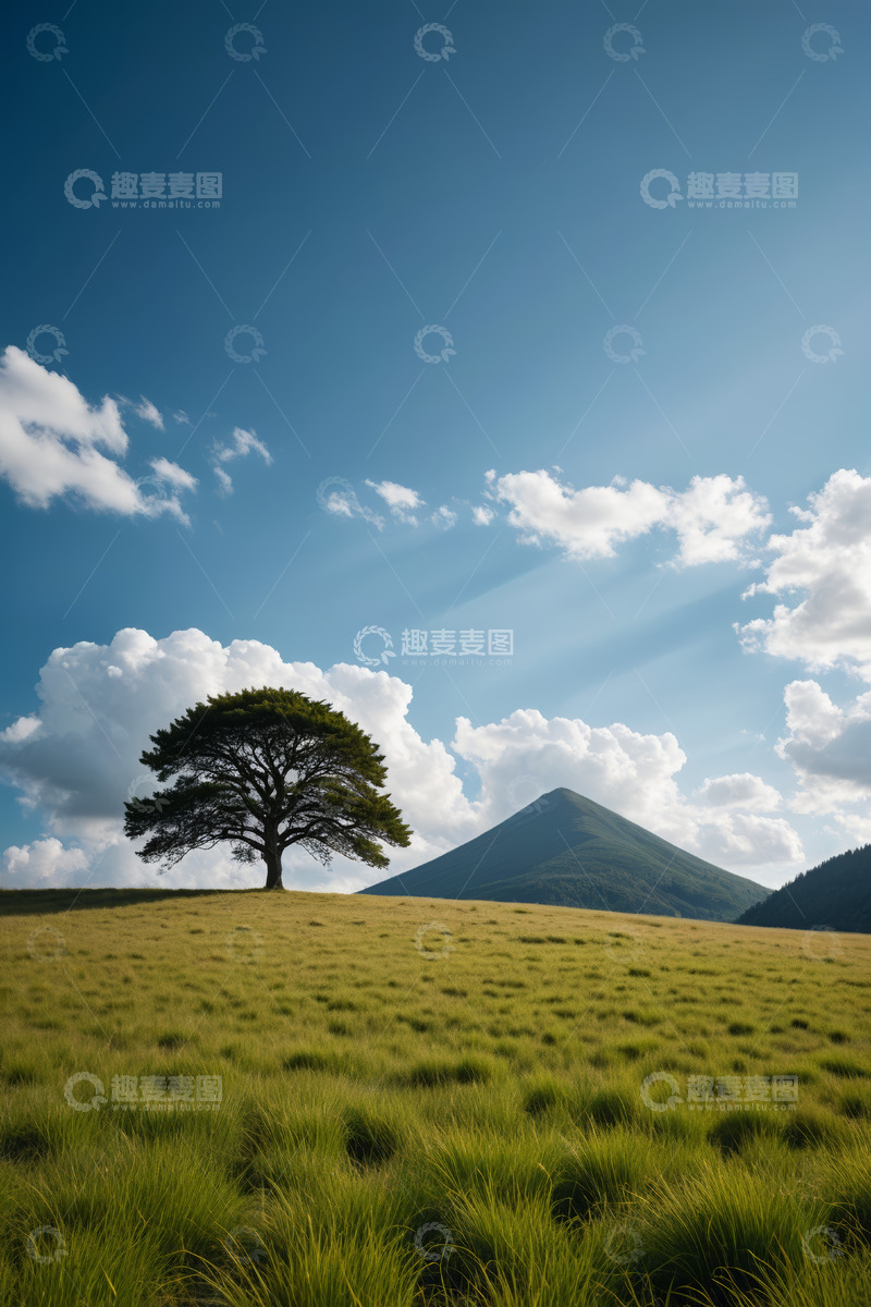 高清大图下载【趣麦麦图】草原上孤树与远山景色