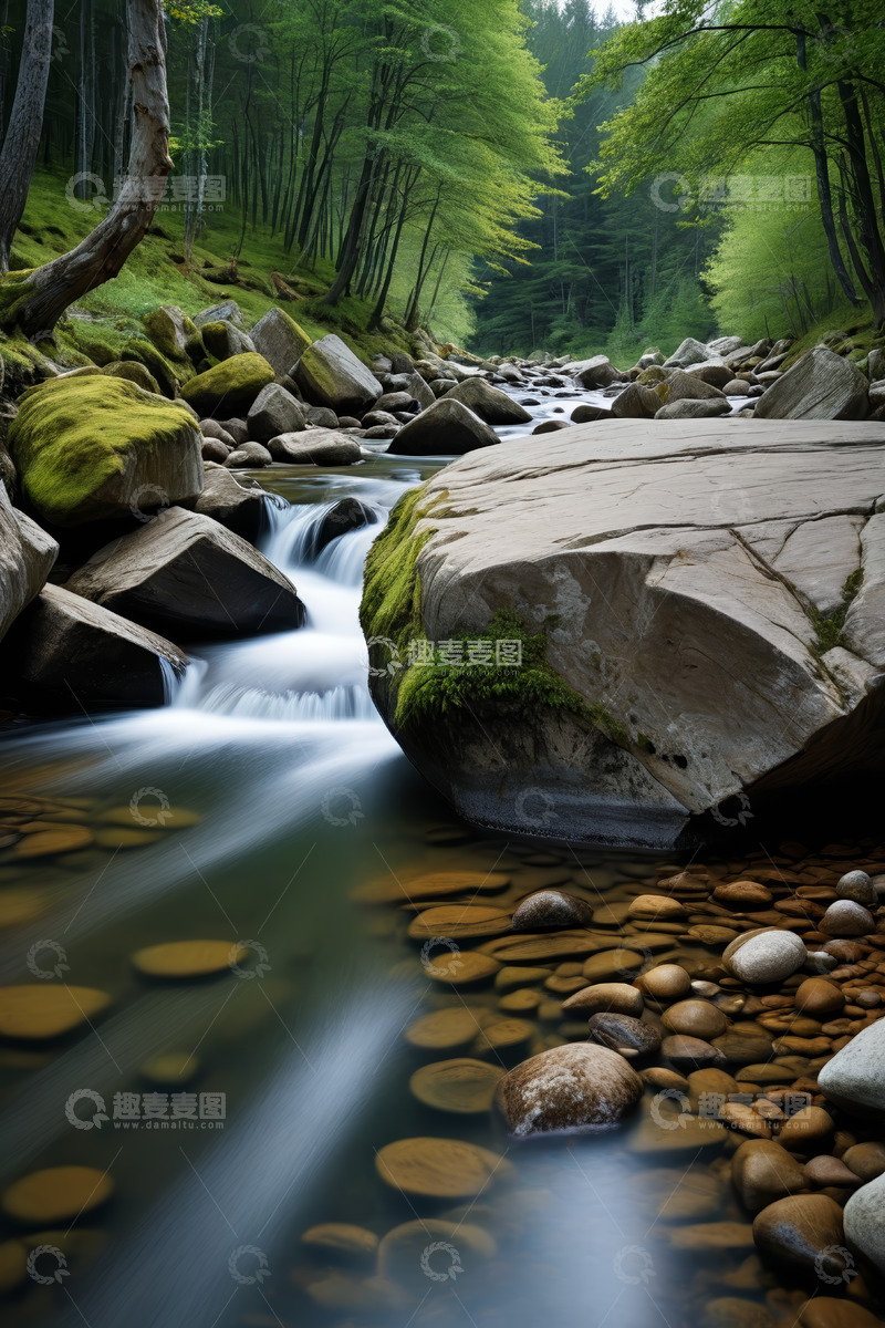 高清大图下载【趣麦麦图】森林中潺潺溪流与岩石景观