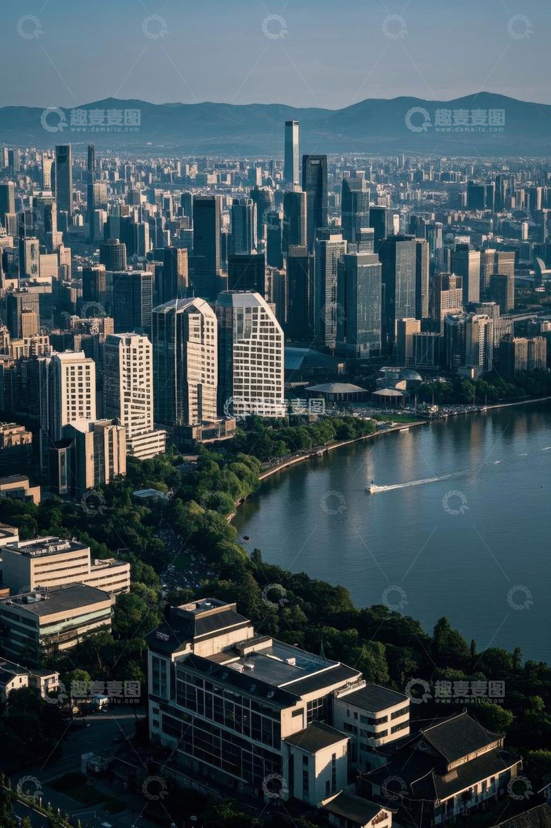 高清大图下载【趣麦麦图】城市滨水建筑群鸟瞰全景