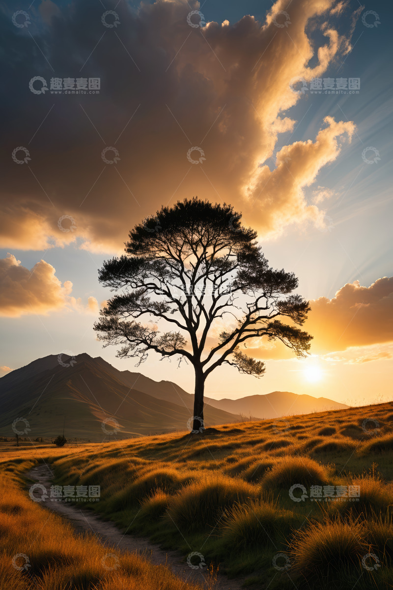 高清大图下载【趣麦麦图】夕阳下草原单棵树木景观