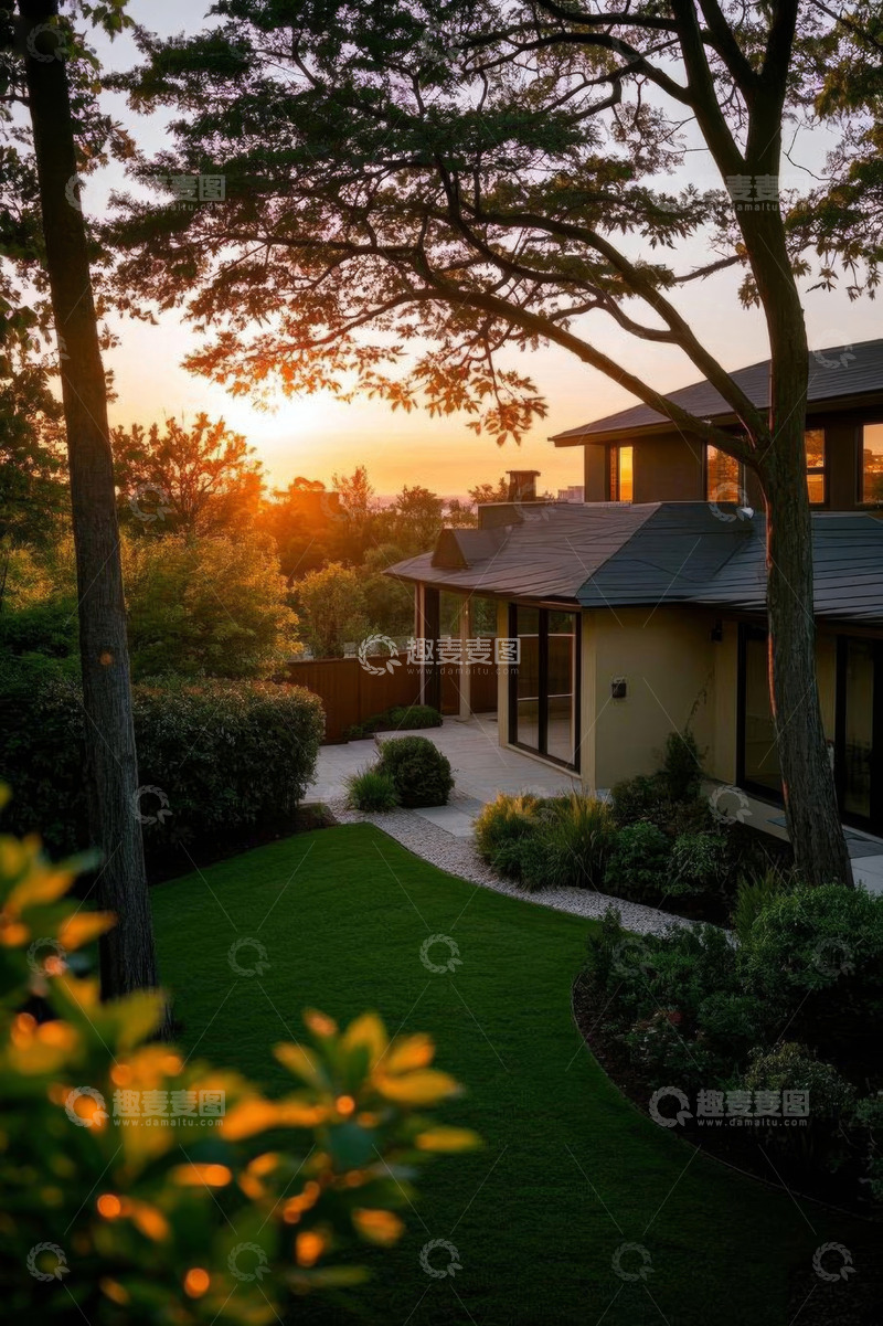 高清大图下载【趣麦麦图】夕阳下带庭院的独栋住宅
