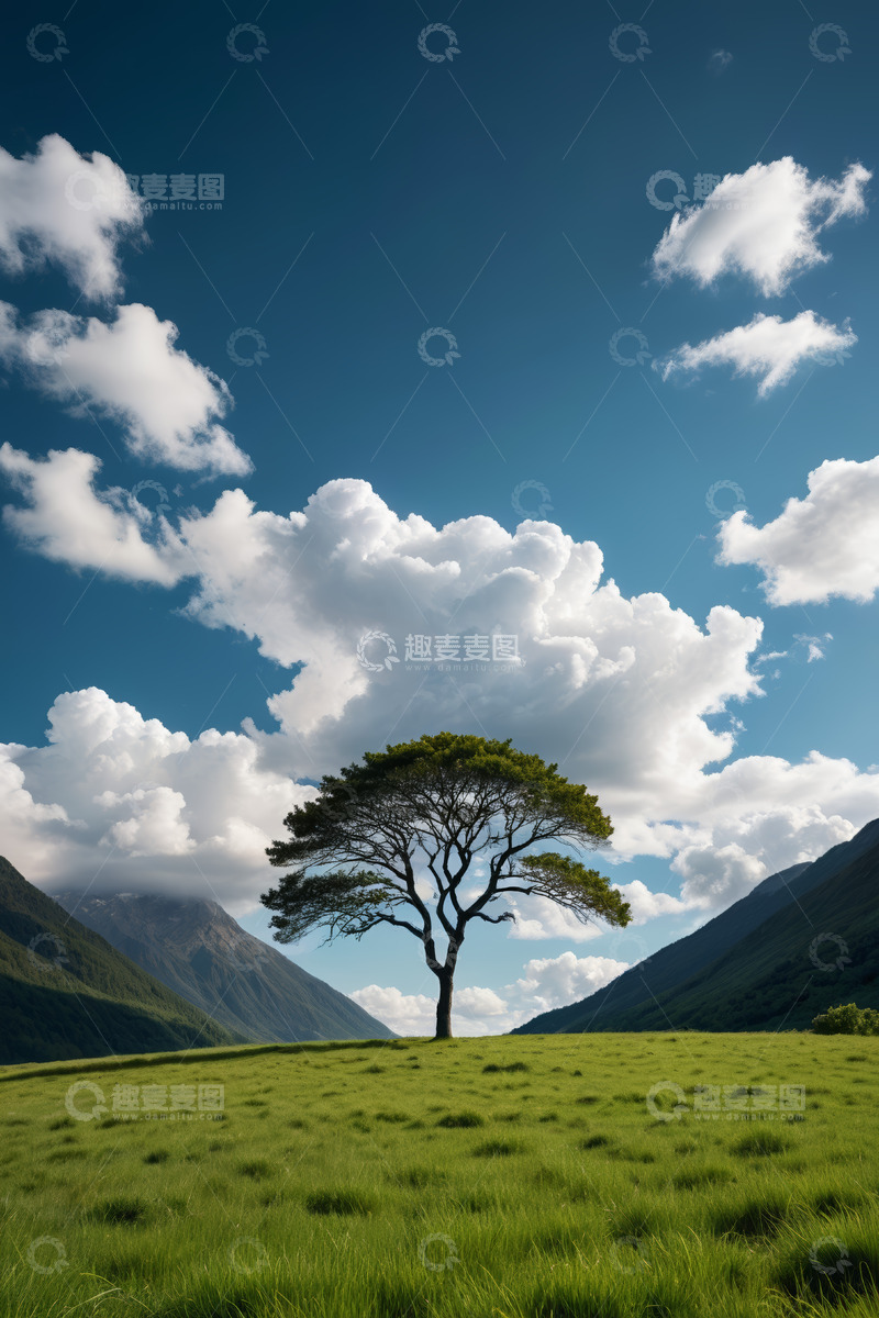 高清大图下载【趣麦麦图】草原上的孤树与蓝天白云
