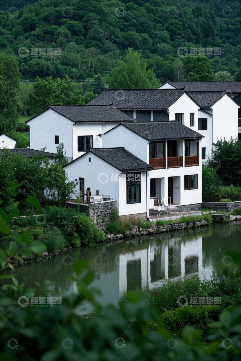 高清大图下载【趣麦麦图】水边白墙黑瓦房屋风景