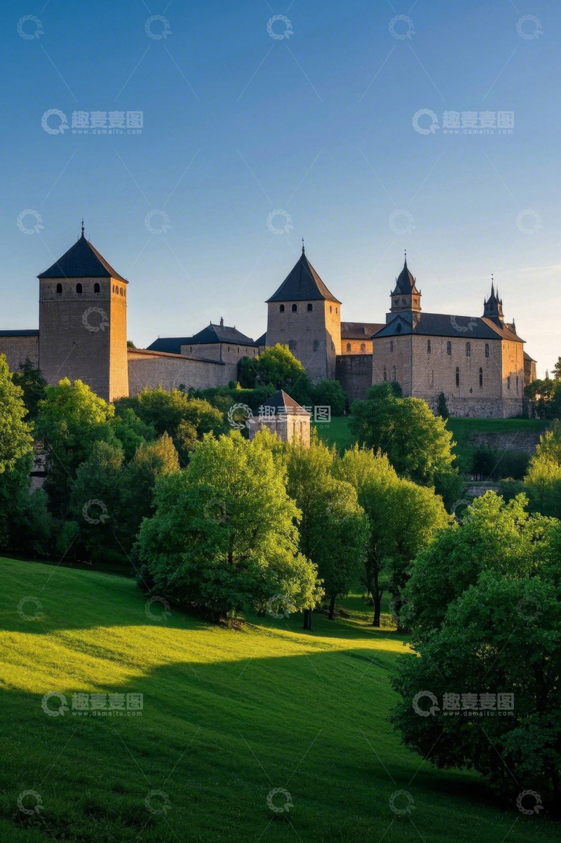 高清大图下载【趣麦麦图】绿树环绕中的古老城堡