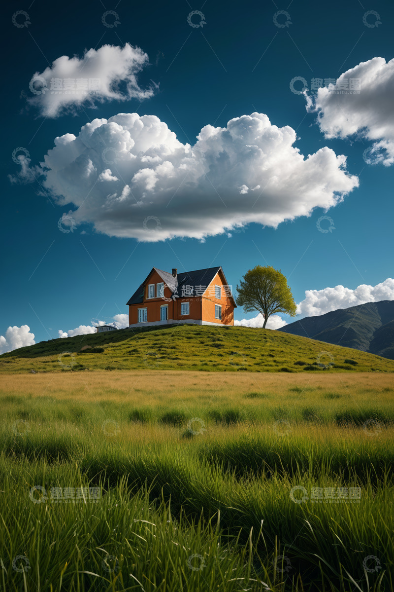 高清大图下载【趣麦麦图】山丘上的橙色小屋与自然风光