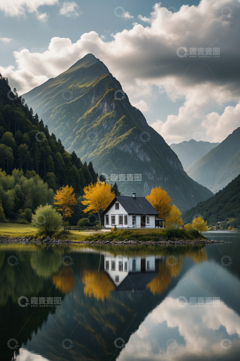 高清大图下载【趣麦麦图】湖畔小屋与远山自然风光