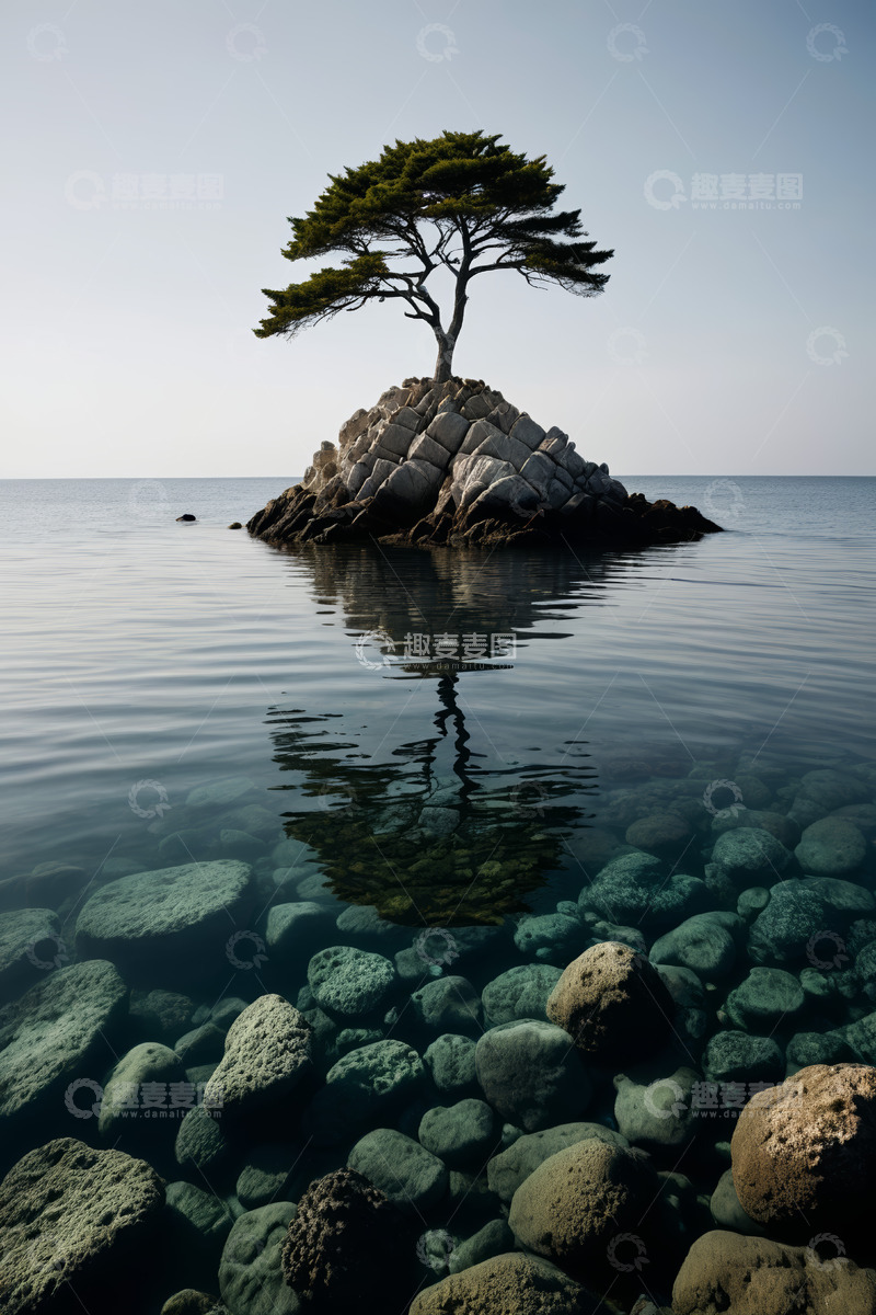 高清大图下载【趣麦麦图】海上孤石岛屿与松树景观