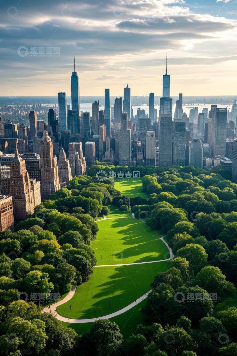 高清大图下载【趣麦麦图】纽约曼哈顿公园与高楼景观