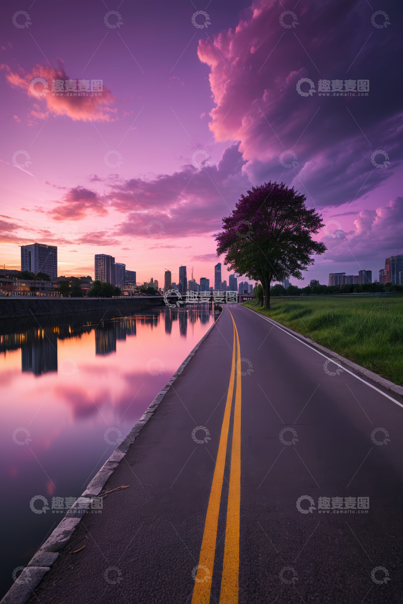 高清大图下载【趣麦麦图】城市道路河畔黄昏美景