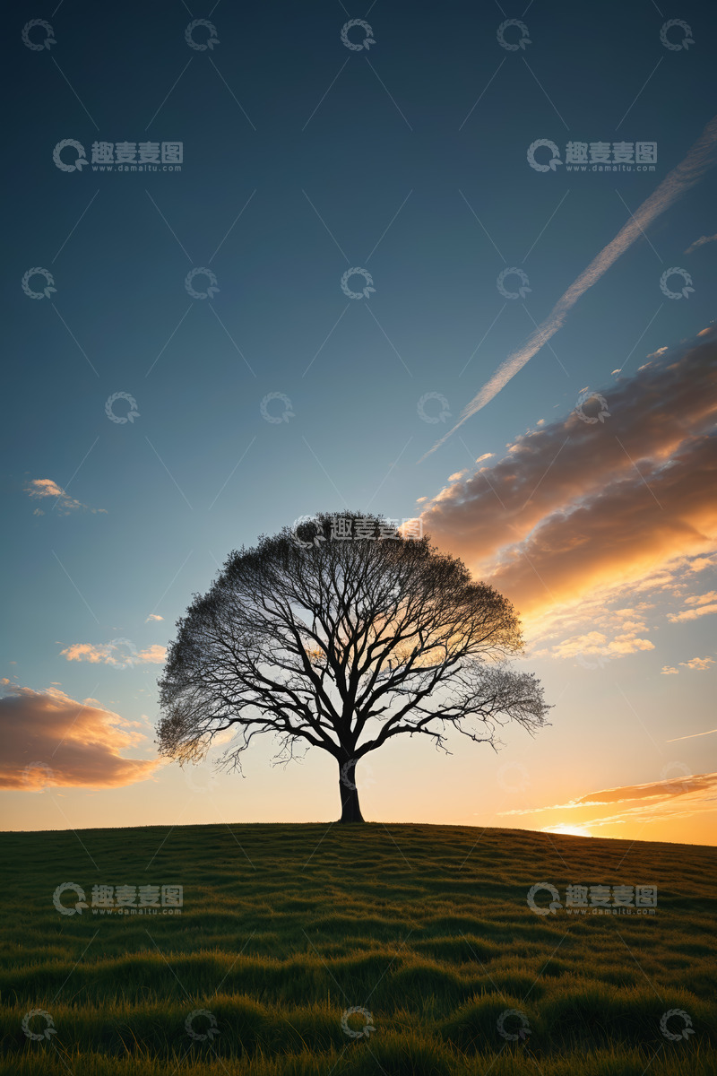 高清大图下载【趣麦麦图】夕阳下草原上的孤独树木