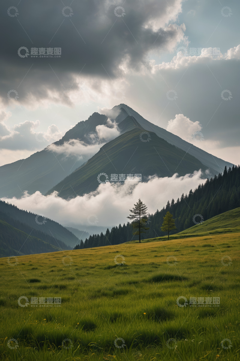 高清大图下载【趣麦麦图】山间草地云雾缭绕风景