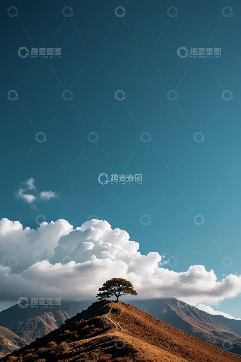 高清大图下载【趣麦麦图】山顶孤树与蓝天白云风景