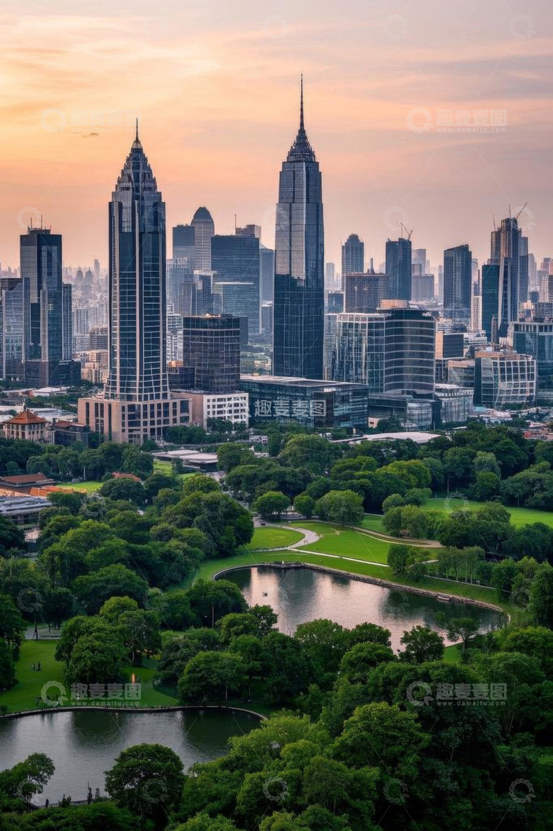 高清大图下载【趣麦麦图】城市公园与摩天大楼全景