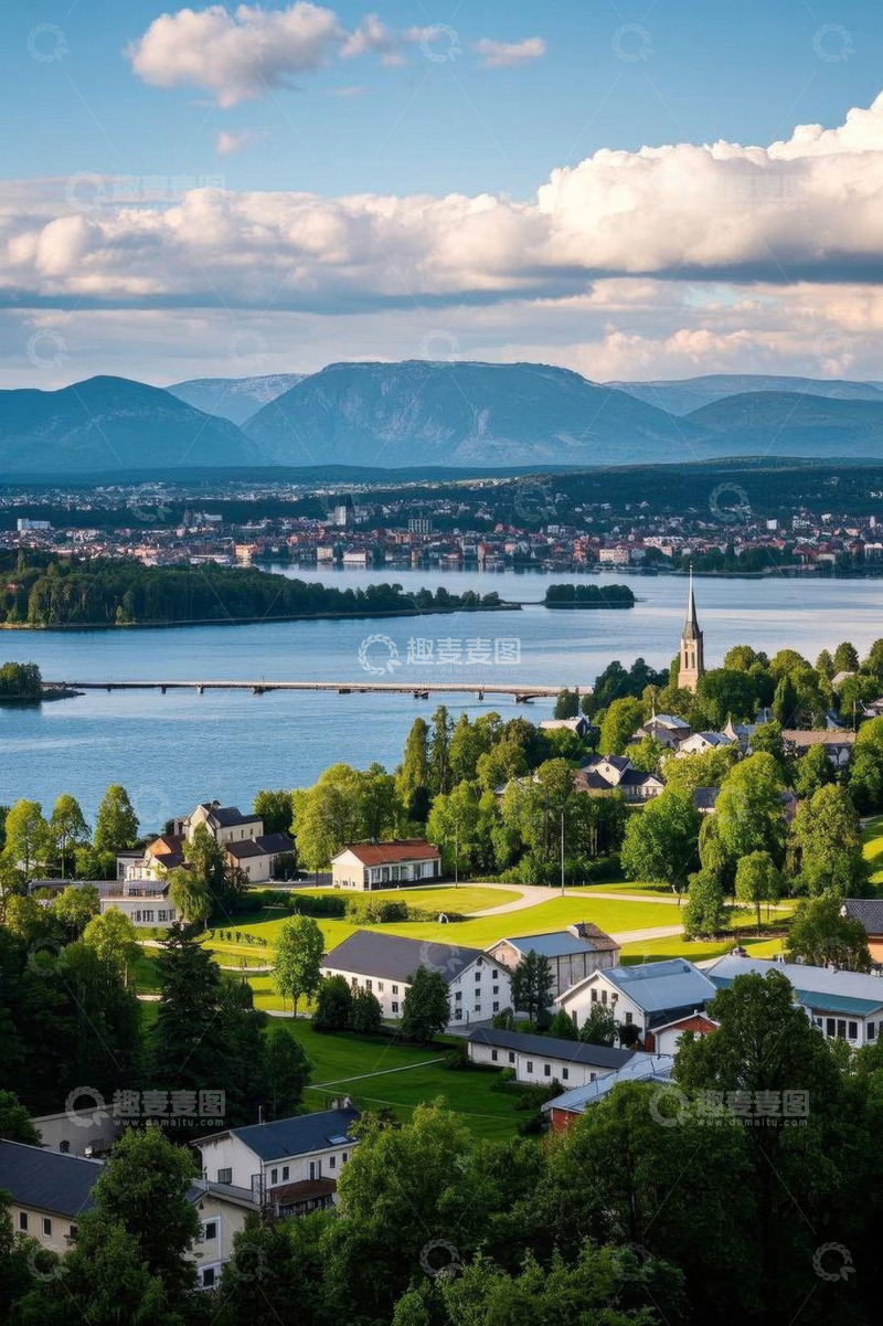 高清大图下载【趣麦麦图】湖畔小镇与远山风景