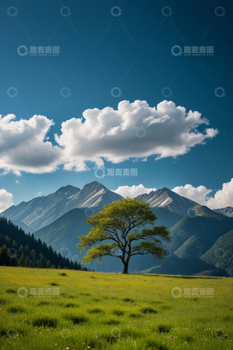 高清大图下载【趣麦麦图】草原孤树与远山风景