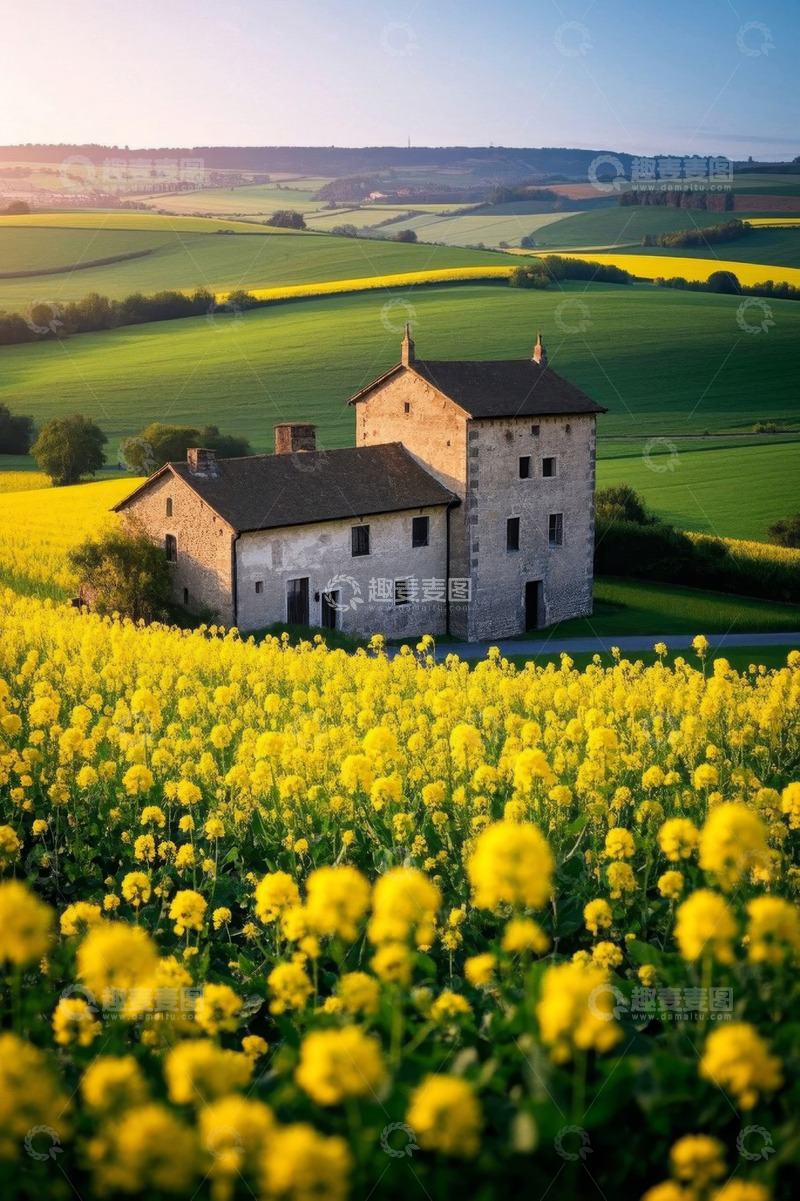 高清大图下载【趣麦麦图】田野中黄花开遍的农舍